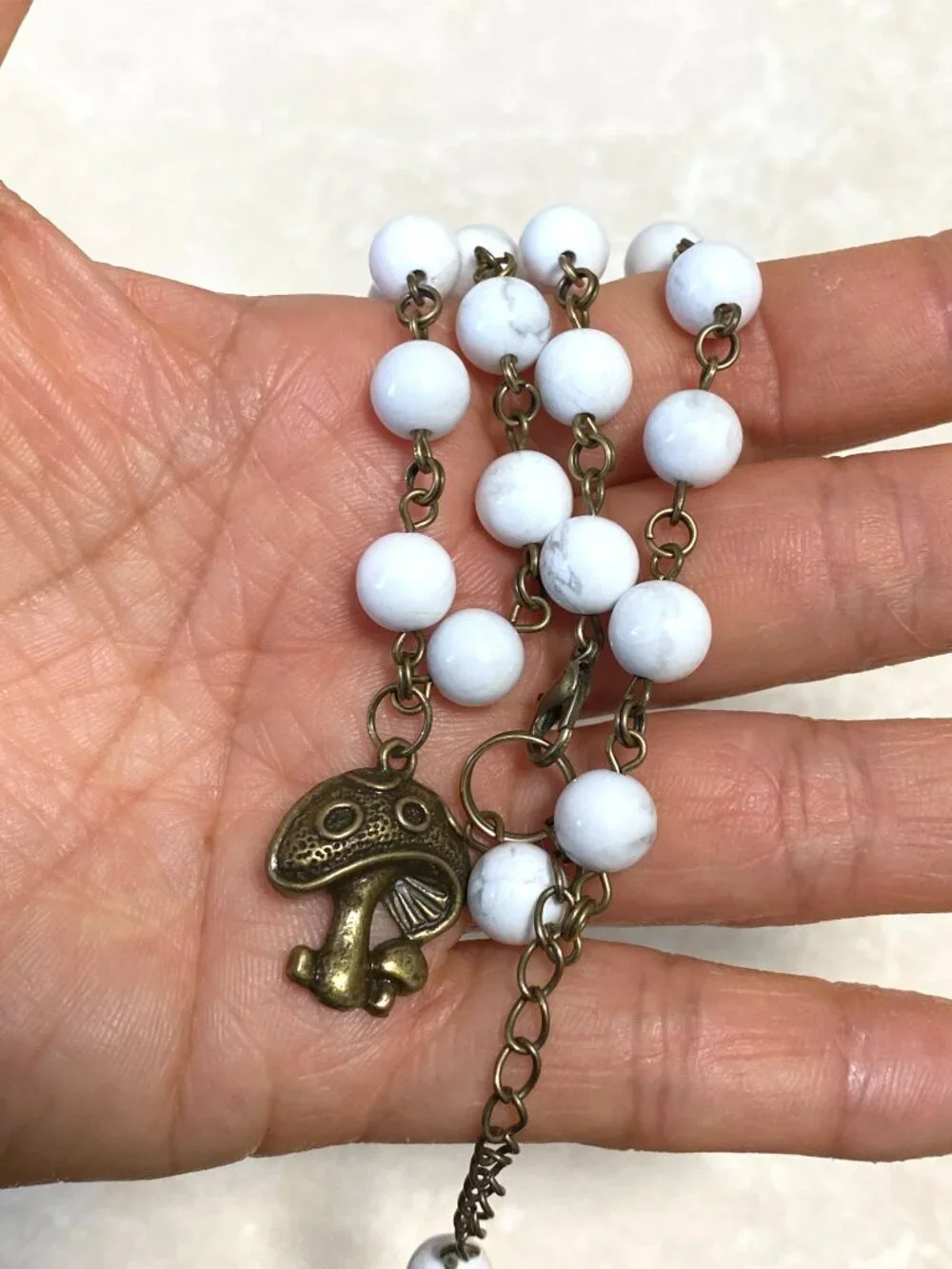 Genuine White Magnesite Short Necklace, Natural Gemstone & Bronze Round Mushroom - Picture 14 of 14